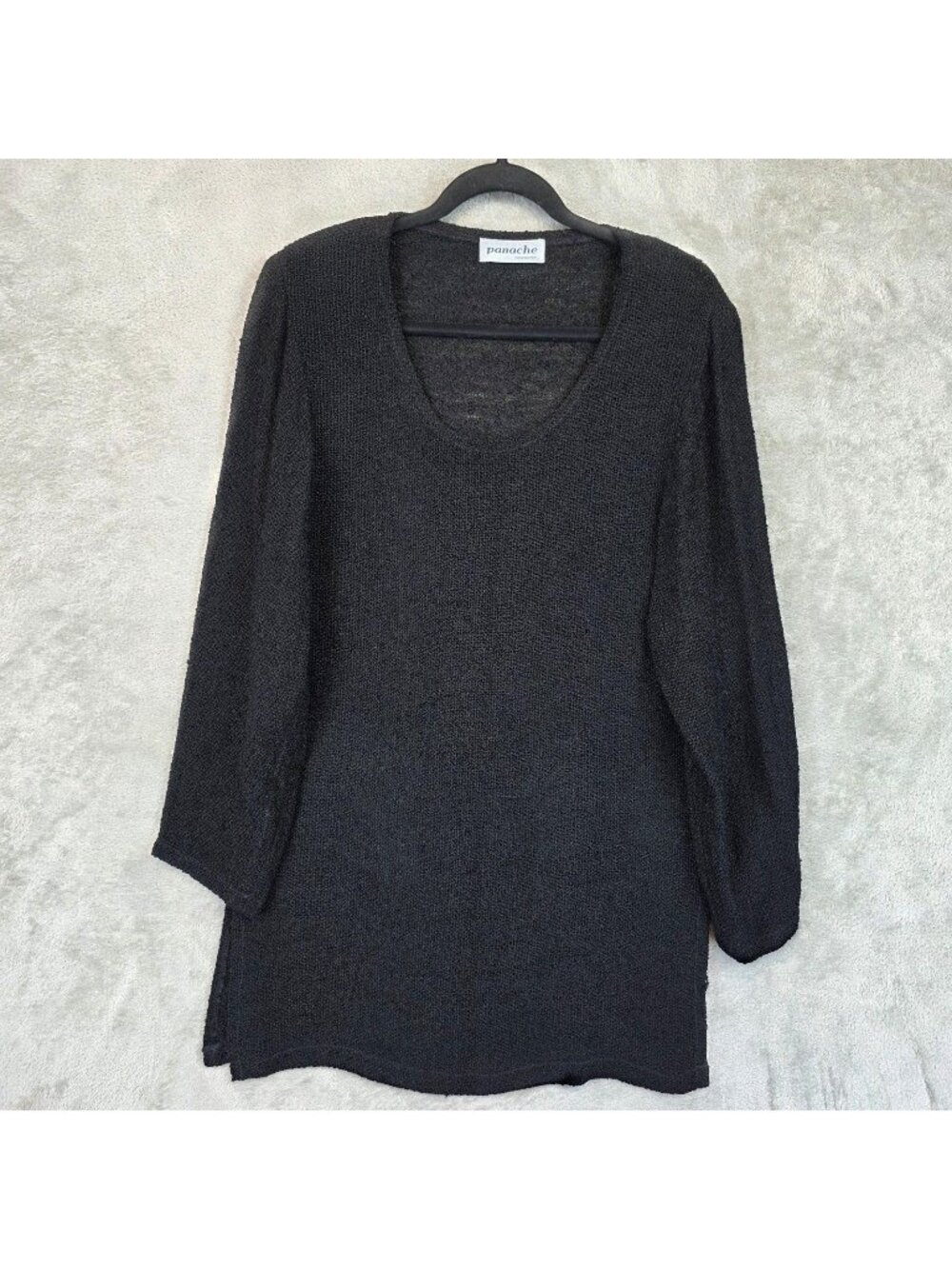 Vintage Panache Sweater Tunic Womens M Black Scoop Neck Open Knit Handwoven